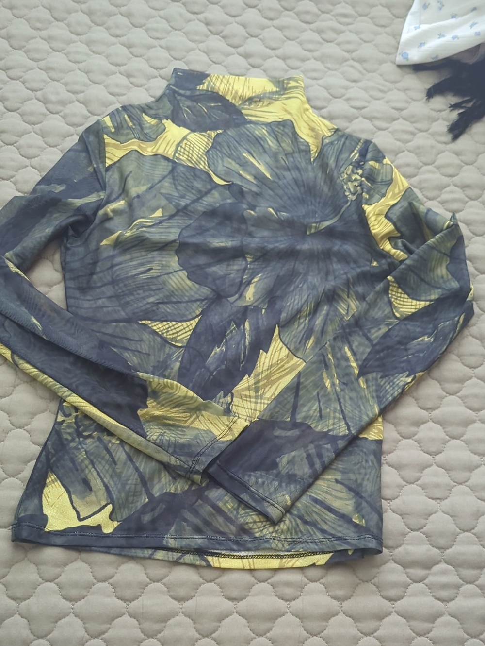 Sheer Floral Long-Sleeve Mock Neck Top in Yellow and Gray